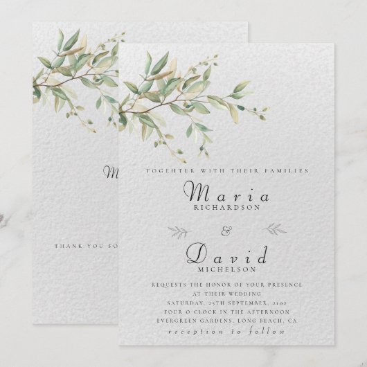 Elegant Greenery Botanical Wedding Invitation 招待状 (正面/裏面)
