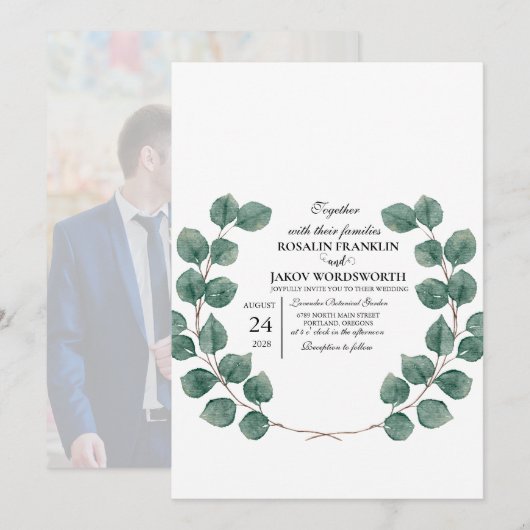 Elegant Greenery Botanical wedding Invitation card 招待状 (正面/裏面)