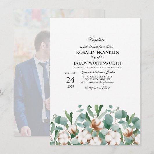 Elegant Greenery Botanical wedding Invitation card 招待状 (正面/裏面)