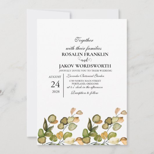 Elegant Greenery Botanical wedding Invitation card 招待状 (正面)