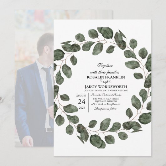 Elegant Greenery Botanical wedding Invitation card 招待状 (正面/裏面)