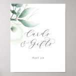 Elegant Greenery Cards and Gifts ポスター<br><div class="desc">This elegant greenery cards and gifts poster is perfect for a simple wedding or bridal shower. The modern elegant design features a natural botanical arrangement of eucalyptus, leaves and plants with a subtle mint green watercolor wash accent. The line of text at the bottom of the sign can be personalized...</div>