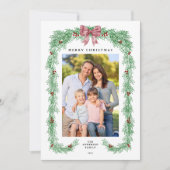 Elegant Greenery Christmas Garland Bow Photo シーズンカード (正面)
