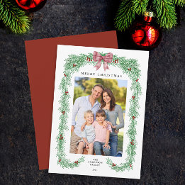 Elegant Greenery Christmas Garland Bow Photo シーズンカード