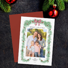 Elegant Greenery Christmas Garland Bow Photo シーズンカード