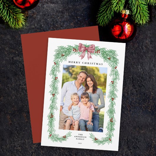 Elegant Greenery Christmas Garland Bow Photo シーズンカード