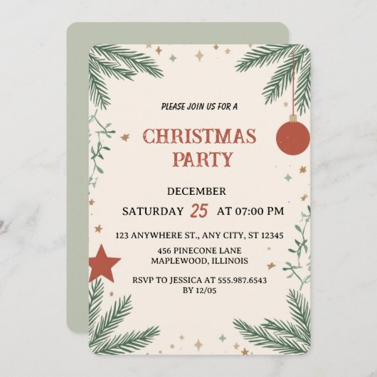 Elegant Greenery Christmas Party Invitation Card 招待状 (正面/裏面)