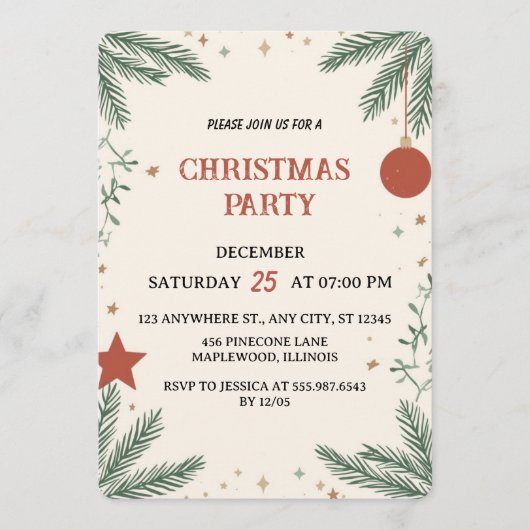 Elegant Greenery Christmas Party Invitation Card 招待状 (正面)