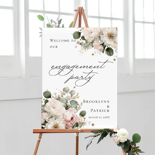 Elegant greenery floral Engagement Party welcome ポスター