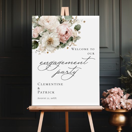 Elegant greenery floral Engagement Party welcome ポスター