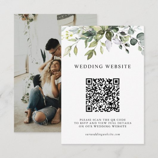 Elegant Greenery Foliage QR Code & Photo Wedding エンクロージャーカード (正面/裏面)