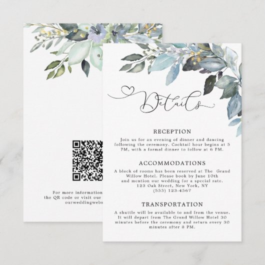 Elegant Greenery Foliage QR Code Wedding Details エンクロージャーカード (正面/裏面)