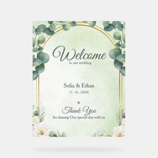 Elegant Greenery Gold Arch Wedding Welcome アクリルサイン (正面)