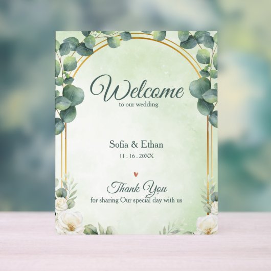 Elegant Greenery Gold Arch Wedding Welcome アクリルサイン (ニュートラル)
