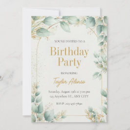 Elegant Greenery Gold Birthday Invitation 招待状
