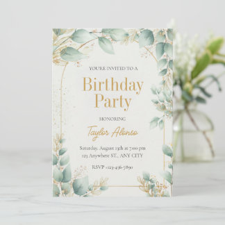 Elegant Greenery Gold Birthday Invitation 招待状