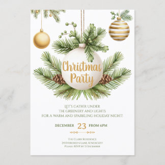 Elegant Greenery & Gold Christmas Party Invitation 招待状