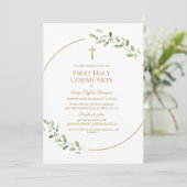 Elegant Greenery Gold Cross First Holy Communion 招待状 (スタンド正面)