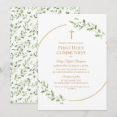 Elegant Greenery Gold Cross First Holy Communion 招待状 (正面/裏面)