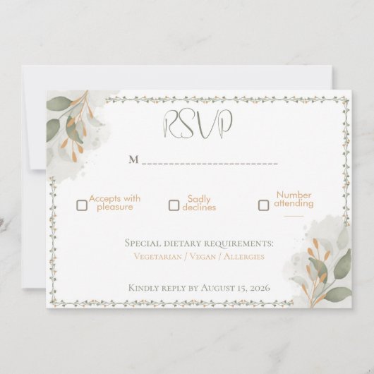 Elegant Greenery & Gold Floral Wedding RSVP Card 招待状 (正面)