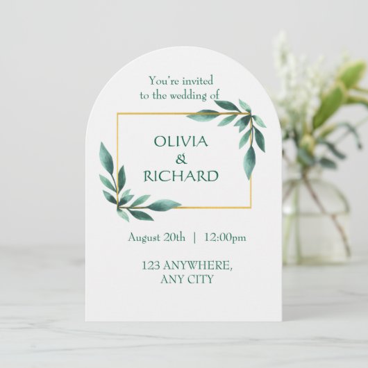 Elegant Greenery Gold Frame Minimalist Invitation 招待状 (スタンド正面)