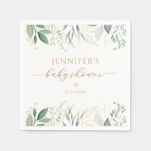 Elegant Greenery Gold Gender Neutral Baby Shower スタンダードカクテルナプキン (正面)