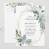 Elegant Greenery Green & Gold Geometric Wedding 招待状 (正面/裏面)