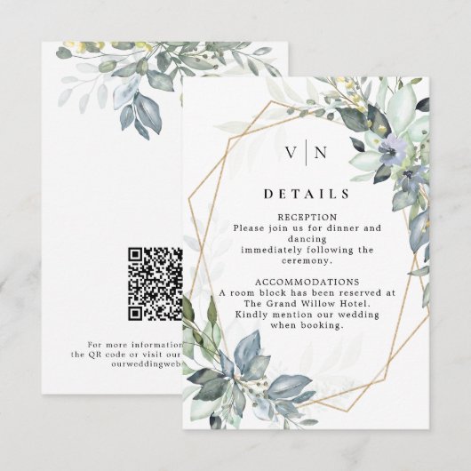 Elegant Greenery Green & Gold QR Code Wedding エンクロージャーカード (正面/裏面)
