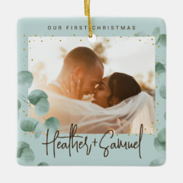 Elegant Greenery Merry and Married Photo セラミックオーナメント