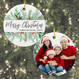 Elegant Greenery Photo Christmas セラミックオーナメント