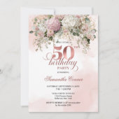 Elegant Greenery Rose Gold Blush 50th Birthday  招待状 (正面)
