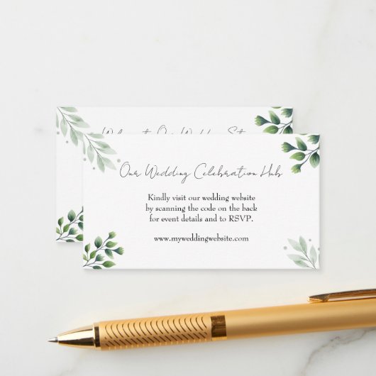 Elegant Greenery RSVP QR Code Invitation エンクロージャーカード (正面/裏面インサイチュ)