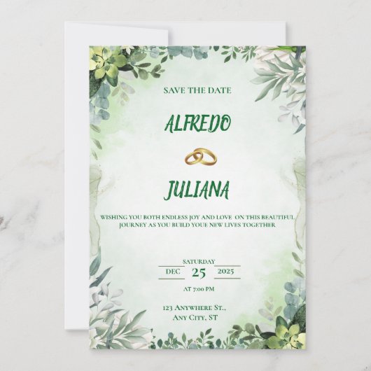 Elegant Greenery Save The Date Card 招待状 (正面)