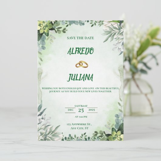 Elegant Greenery Save The Date Card  招待状 (スタンド正面)