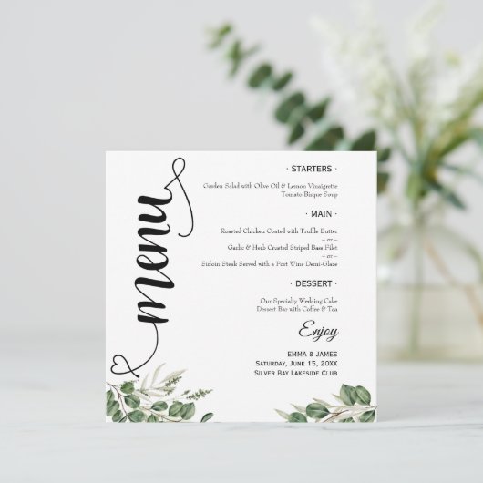 Elegant Greenery Script Round Wedding Flat Menu メニュー (スタンド正面)