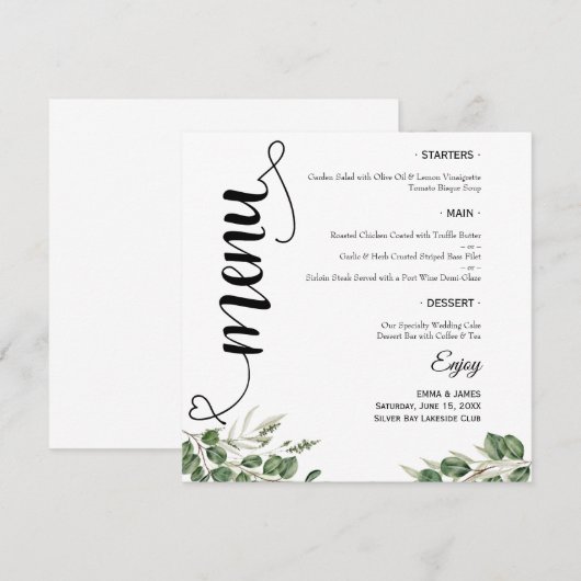 Elegant Greenery Script Round Wedding Flat Menu メニュー (正面/裏面)