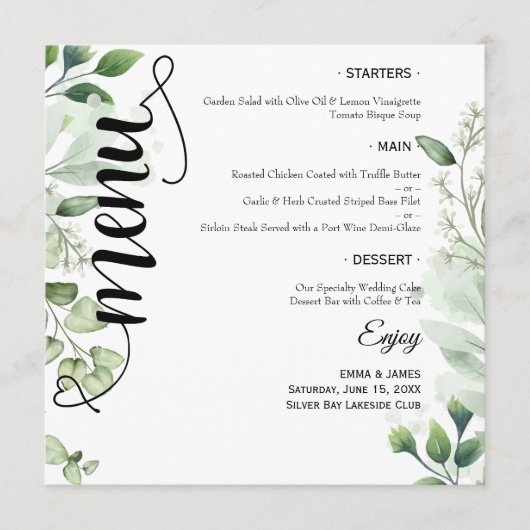 Elegant Greenery Script Round Wedding Flat Menu メニュー (正面)