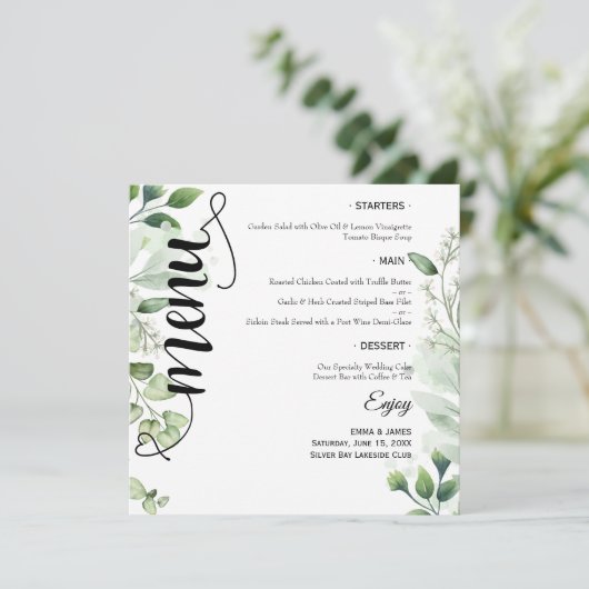 Elegant Greenery Script Round Wedding Flat Menu メニュー (スタンド正面)