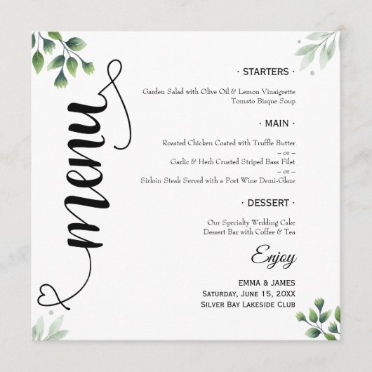 Elegant Greenery Script Round Wedding Flat Menu メニュー (正面)