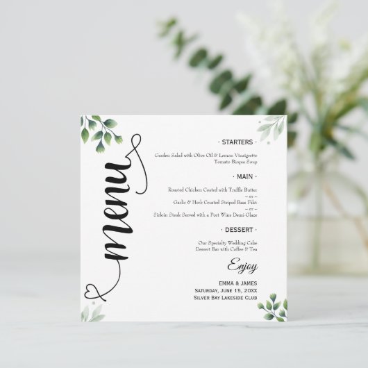 Elegant Greenery Script Round Wedding Flat Menu メニュー (スタンド正面)