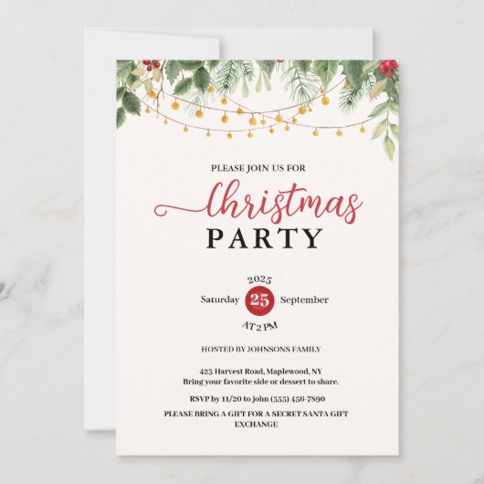 Elegant Greenery String Lights Christmas Party 招待状 (正面)