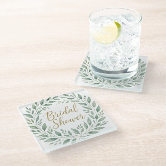 Elegant Greenery Watercolor  Boho Bridal Shower ガラスコースター (アングル)