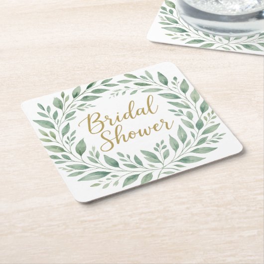 Elegant Greenery Watercolor  Boho Bridal Shower スクエアペーパーコースター (アングル)