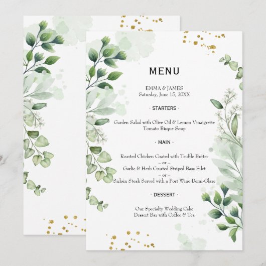 Elegant Greenery Watercolor Wedding Menu メニュー (正面/裏面)