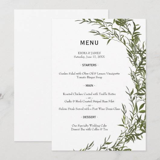 Elegant Greenery Watercolor Wedding Menu メニュー (正面/裏面)