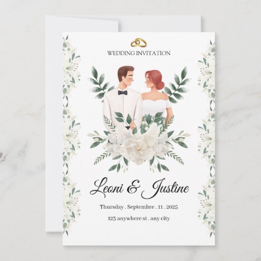 Elegant Greenery Wedding Invitation Custom floral  招待状 (正面)