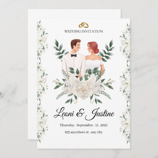 Elegant Greenery Wedding Invitation Custom floral  招待状 (正面/裏面)