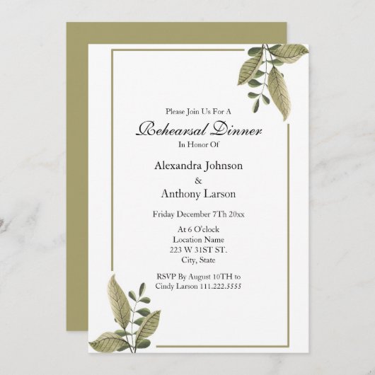 Elegant Greenery Wedding Rehearsal 招待状 (正面/裏面)