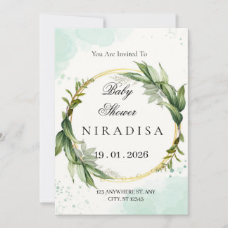 Elegant Greenery Wreath Baby Shower Invitation 招待状