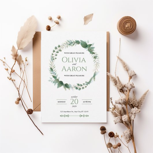 Elegant Greenery Wreath Wedding Invitation 招待状